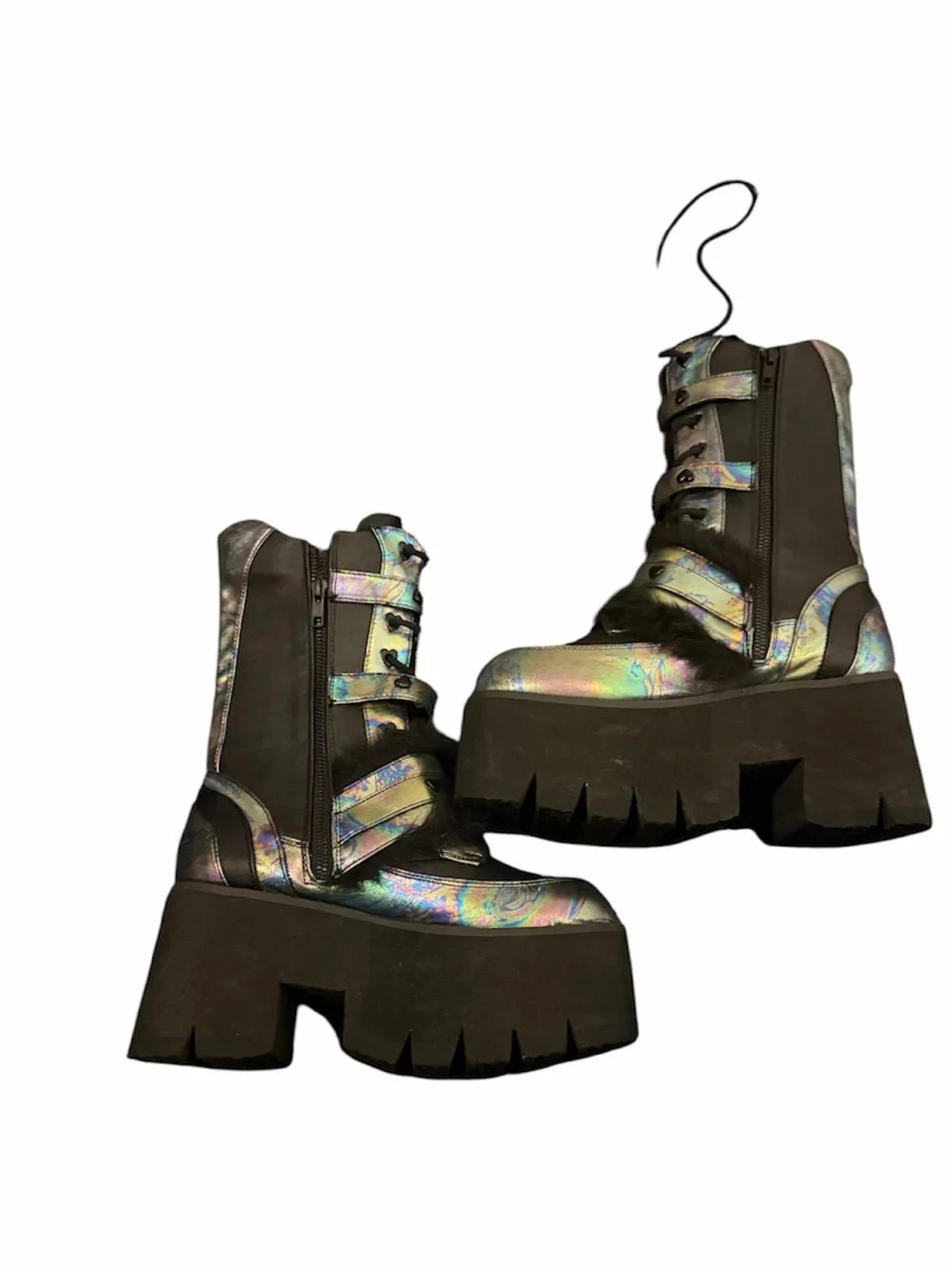 Demonia Iridescent Holographic Platform Combat Boots